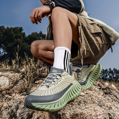 Men's Breathable Mesh Running Shoes - Lightweight, Non-Slip, Durable Hiking &amp; Fitness Shoes with Air Strap for Indoor/Outdoor Use, Gray and Green Design, Casual Sports Shoes | Modern Sneakers | Breathable Mesh Upper