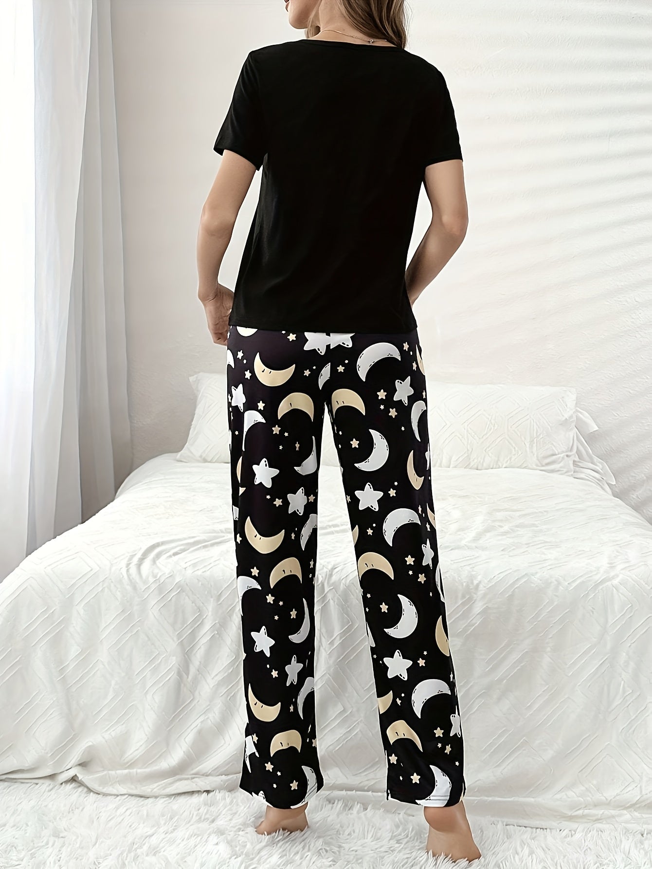 Women'S Casual "Good Night" Moon & Stars Print Pajama Set - Short Sleeve Top & Long Pants, Soft Crew Neck, Lightweight Spring/Summer Sleepwear, Perfect for Home or Outdoor, Relaxed Fit, Casual Wear|Playful Print|Lightweight F