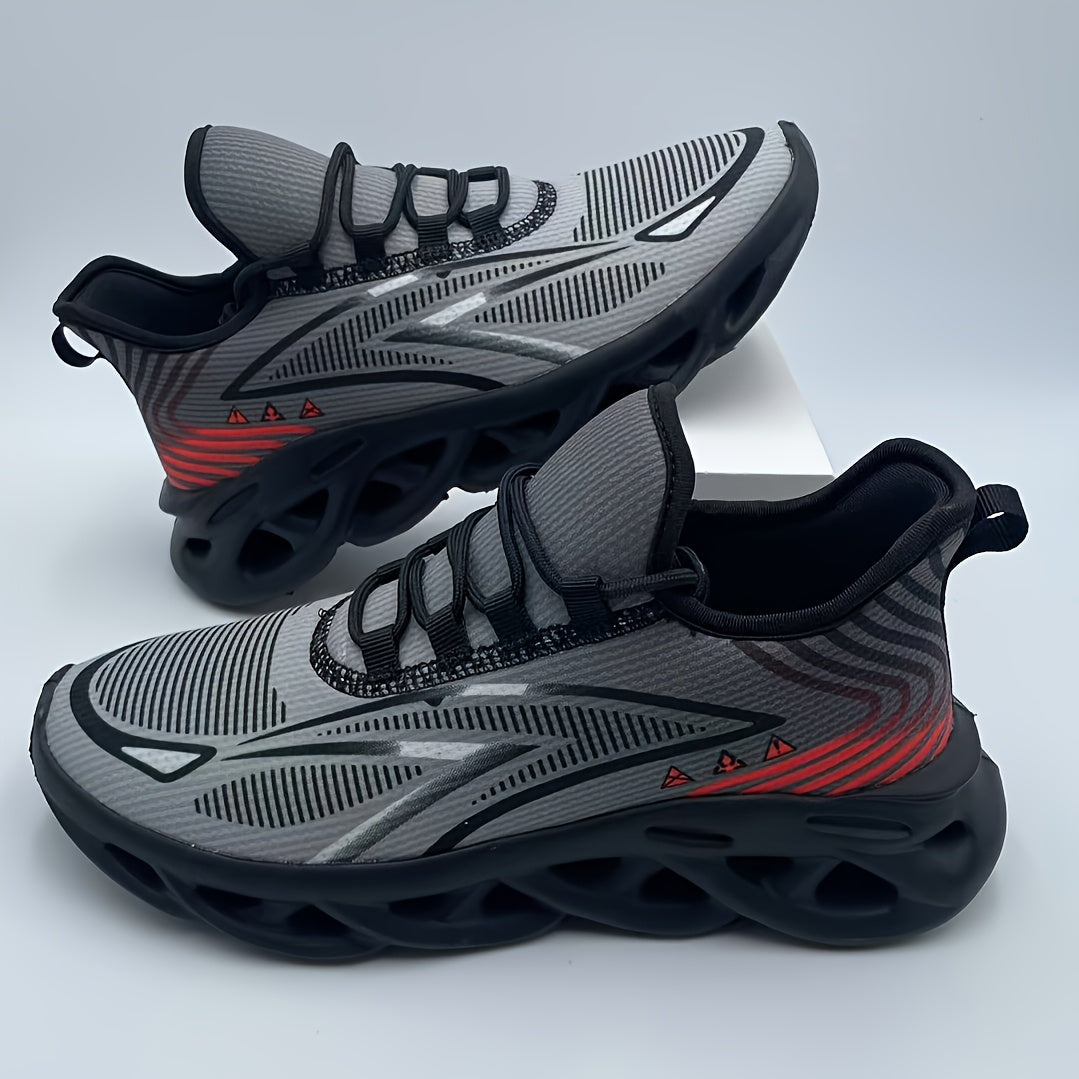 Sapatilhas de corrida para homem em malha respirável - Leve, com absorção de impacto, sola MD durável, sapatilhas desportivas de cano baixo para desportos ao ar livre, caminhadas e uso casual, design preto e cinzento, fecho com atacadores.