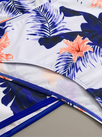 Floral Leaf Print Stretchy 3 Piece Set Swimsuits, Cross Spaghetti Strap Push Up Bikini & Boxer Shorts, Women's Swimwear & Clothing