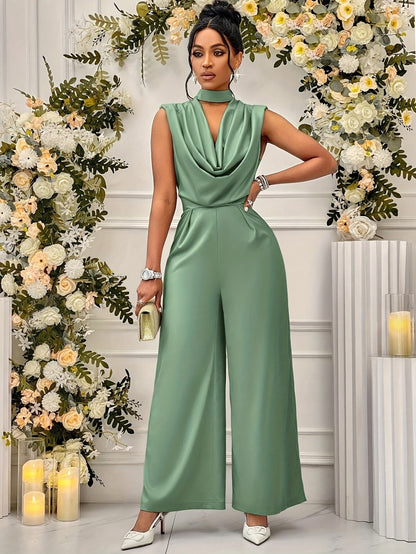 Women's Elegant High-Waisted Sleeveless Wide-Leg Jumpsuit - Beige Stand Collar Non-Stretch Machine Washable All-Season Versatile Outfit for Casual & Formal Events (NS702), Event Clothing | Sophisticated Style | Sophisticated