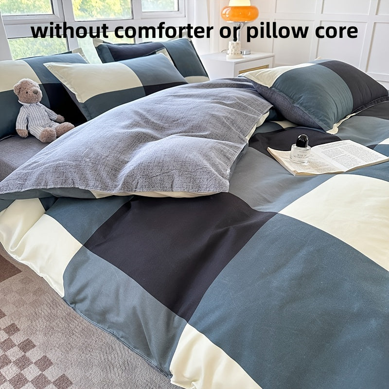 Conjunto de cama de 4 peças macio e respirável - Estampado xadrez espacial criativo, lavável à máquina - inclui lençol, edredão e 2 fronhas para todas as estações - ideal para dormitórios de estudantes, quartos e quartos de hóspedes.