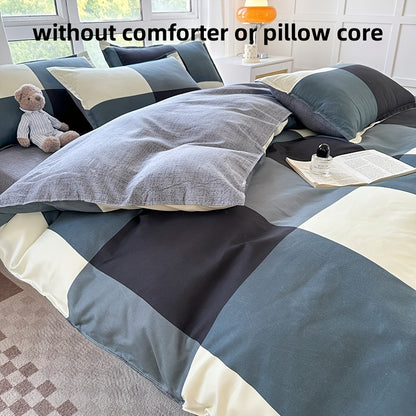 Conjunto de cama de 4 peças macio e respirável - Estampado xadrez espacial criativo, lavável à máquina - inclui lençol, edredão e 2 fronhas para todas as estações - ideal para dormitórios de estudantes, quartos e quartos de hóspedes.