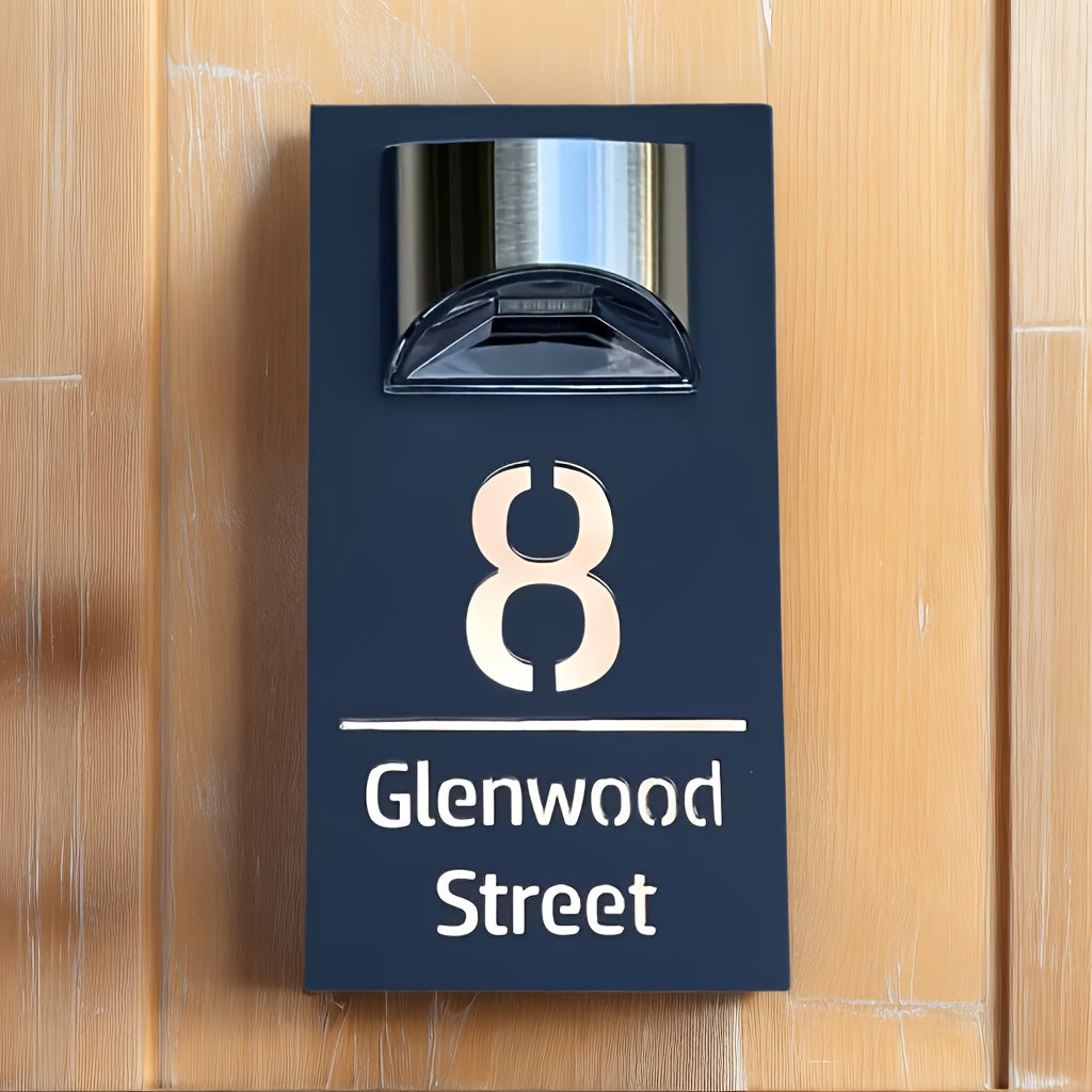 Customizable Text Solar-Powered Double-Layer Acrylic Door Sign - Golden and Silvery Dual-Layer Acrylic Design - Suitable for Companies, Homes, Apartments, Bars, etc. as Outdoor Entrance Street Address Wall Decor