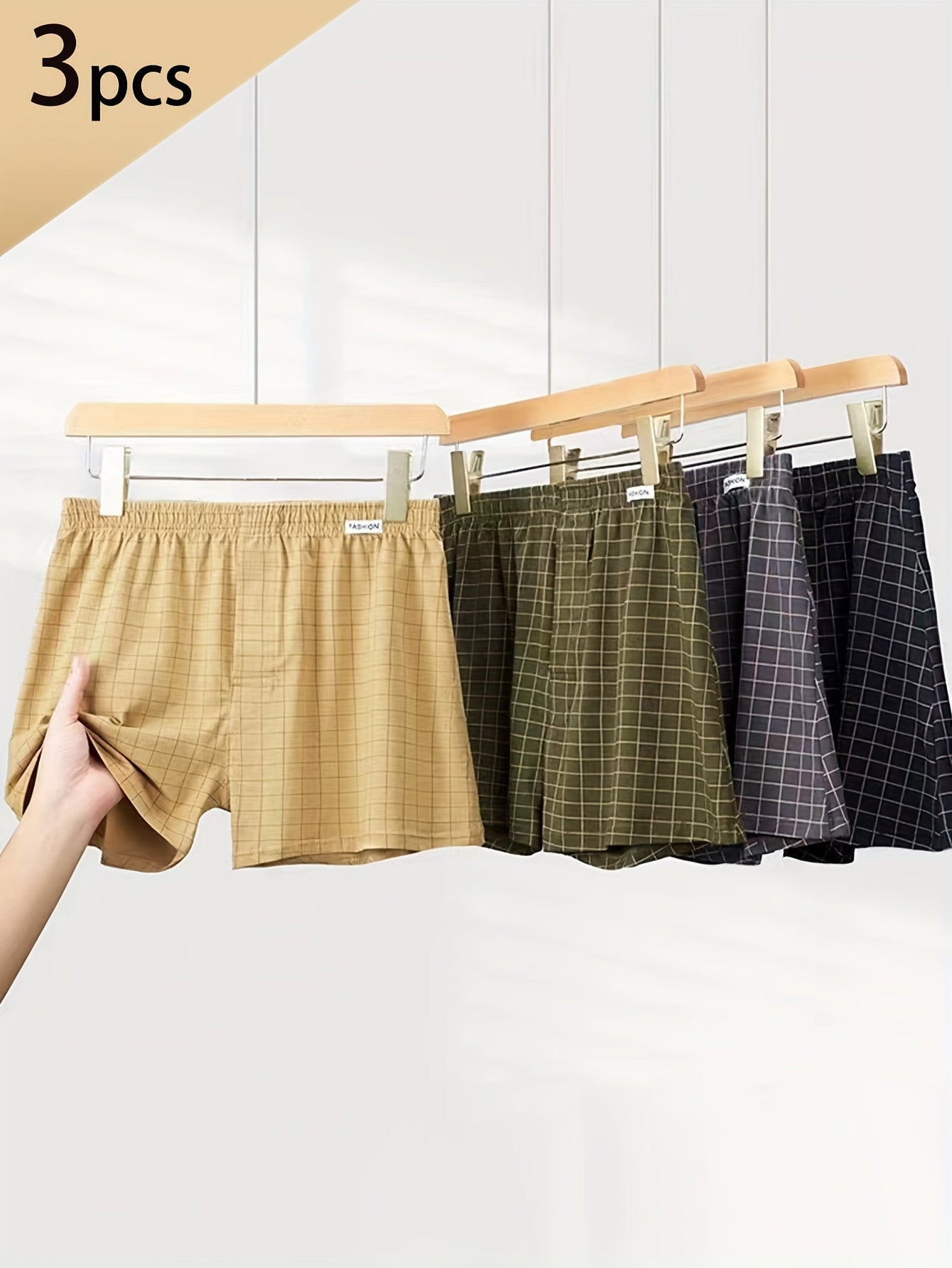 3pcs Men'S Loose Fit Plaid Boxer Briefs - 95% Mid-Rise Athletic Shorts with Elastic Waistband, Breathable &amp; Comfortable for Casual Attire, Black/White/Beige/White/Gray/Beige, Everyday Comfort Shorts | Relaxed Fit Shorts | Med