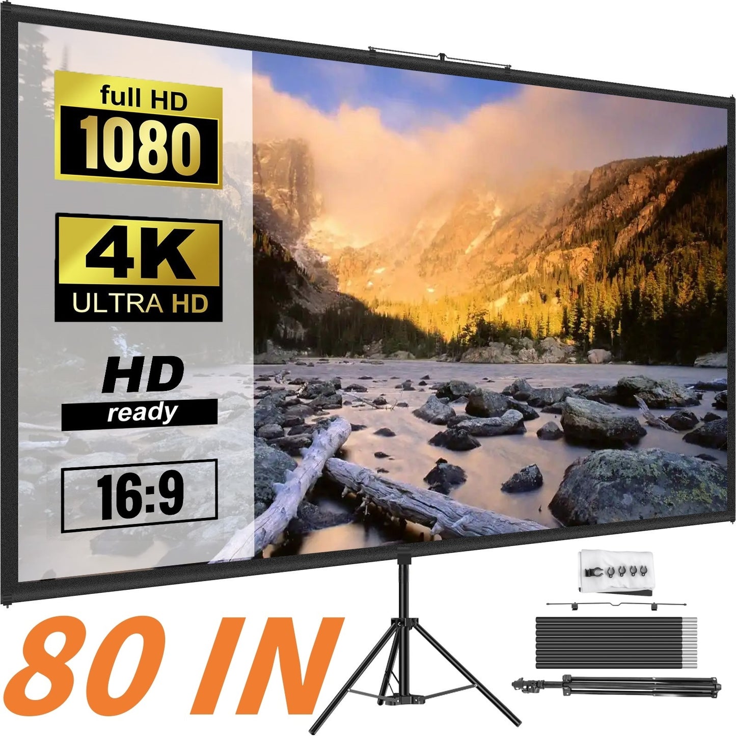 80 Inch (178x100cm/ 70x39.4in) Portable Tripod Projector Screen with Stand - 16:9 4K HD Wrinkle-Free Adjustable Projection Screen for Indoor/ Outdoor Movies, Gaming & Presentations [Includes 4K Screen], Movie Night Setup, Lig