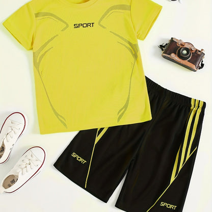 2pcs Boy's "Sport" Outfit Short Sleeves Round Neck T-shirt & Shorts Casual For Summer Daily And Outdoor Wear