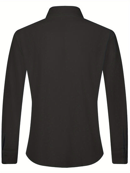 Camisa de homem em algodão de manga comprida e cor sólida com botões, modelo com lapela, ideal para a primavera e outono.