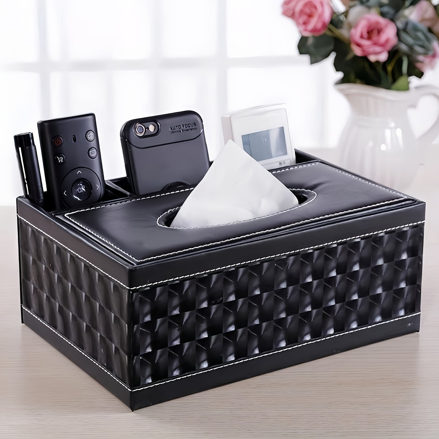 LDQ Multi-Functional Faux Leather Tissue&Storage Box with 4 Compartments Includes Remote Control&Household Napkin Storage, Wipe-Clean in Seconds, Ideal for Living Room, Study&Café Countertops Perfect for Home Supplies Back t