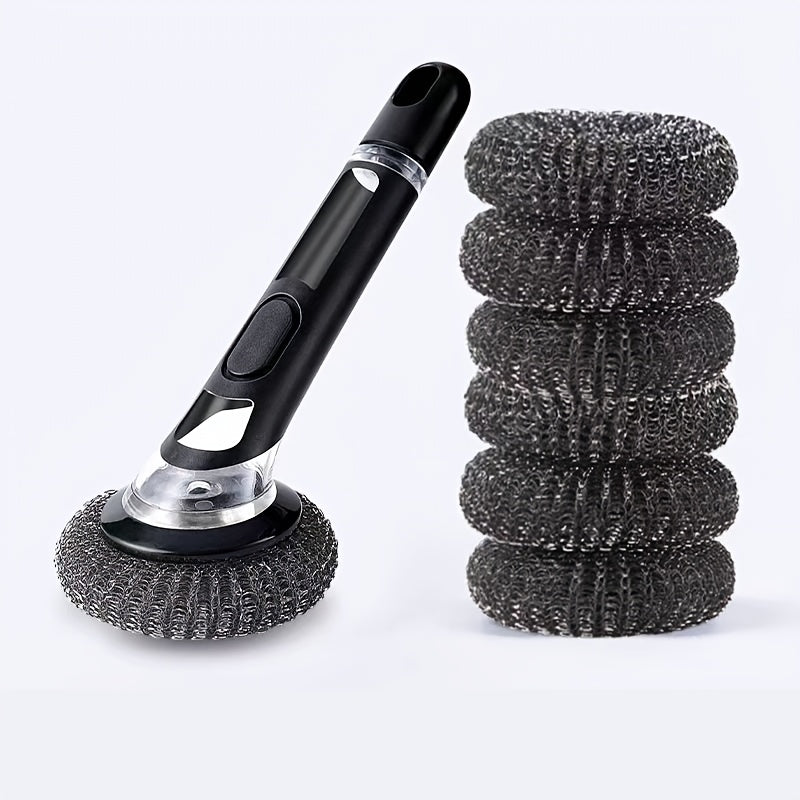 7pcs Set Multi-Functional Kitchen Dish Brush with 6 Balls and Soap Dispenser, Non-Electric Long Handle Scrubber for Pots, Bowls, and Utensils, Easy-to-Use Design, Convenient Refillable, Efficient Cleaning