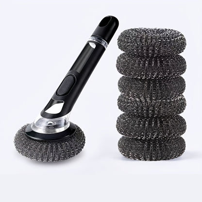 7pcs Set Multi-Functional Kitchen Dish Brush with 6 Balls and Soap Dispenser, Non-Electric Long Handle Scrubber for Pots, Bowls, and Utensils, Easy-to-Use Design, Convenient Refillable, Efficient Cleaning