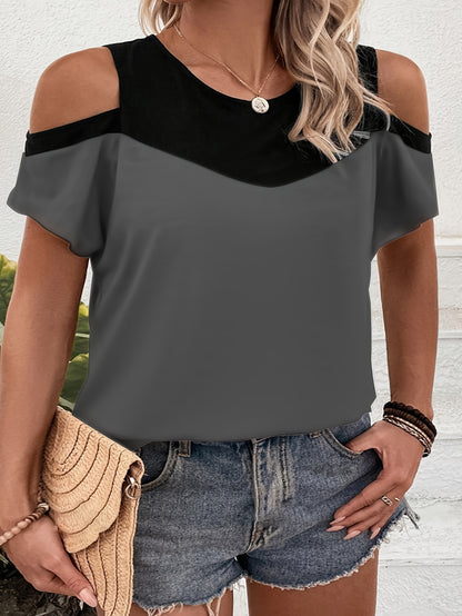 9068# Women's Plus Size Off-Shoulder Round Neck T-Shirt - Color Block Striped Summer Top, Breathable Machine-Washable Casual Elegant Tee, Ladies T Shirts, Easycare Clothing, Nontransparent Fabric, Relaxed Fit, Stylish Blouse,