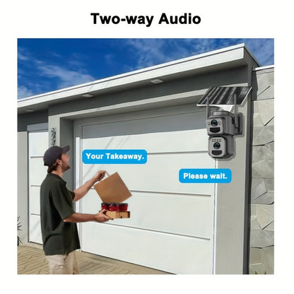 Multifunctional Security Camera with Solar Panel 2K 300W Pixel Video Resolution Wireless Outdoor WiFi Security Monitoring High-definition Dual Lens Automatic Rotation Pan Tilt Night Vision Motion Detection Bidirectional Call