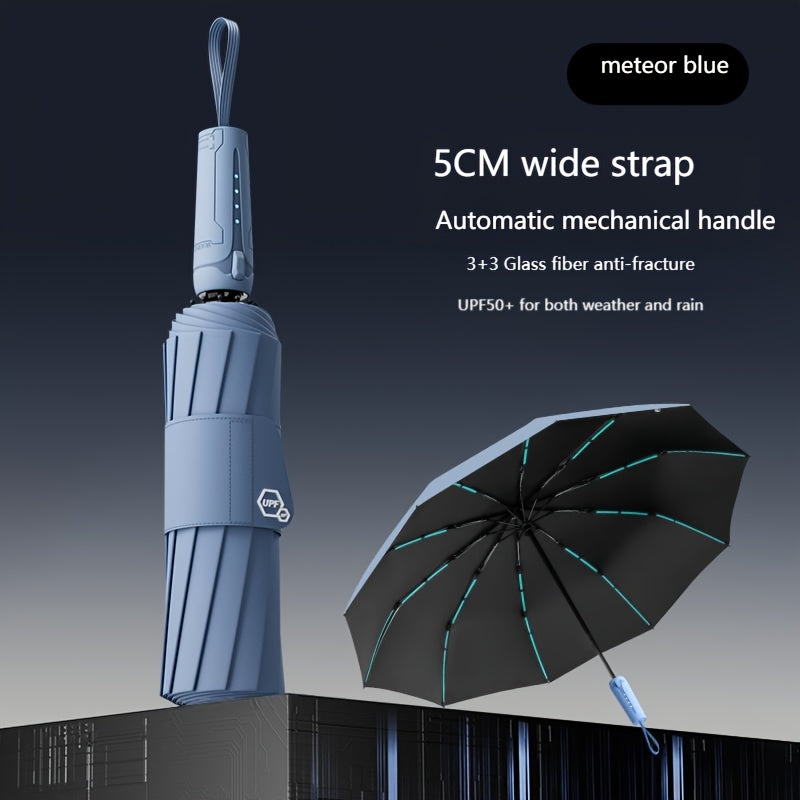 10 bone 3+3 glass fiber bone automatic folding umbrella, enlarged and thickened black rubber sunscreen coating, reinforced protective aluminum alloy skeleton, simple solid color design, unisex business sunshade dual-use umbre