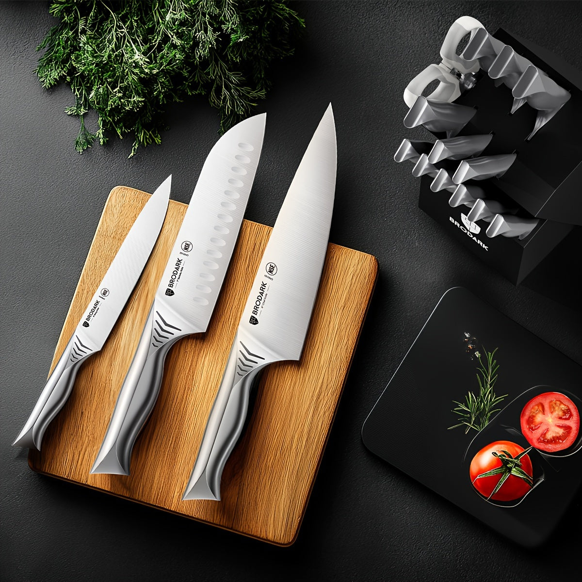 Brodark Kitchen Knife Set With Block, 15pcs Knife Block Set With Built-in Sharpener, Stainless Steel Knives Set For Kitchen, NSF Certified Kitchen Knives, Shark Series