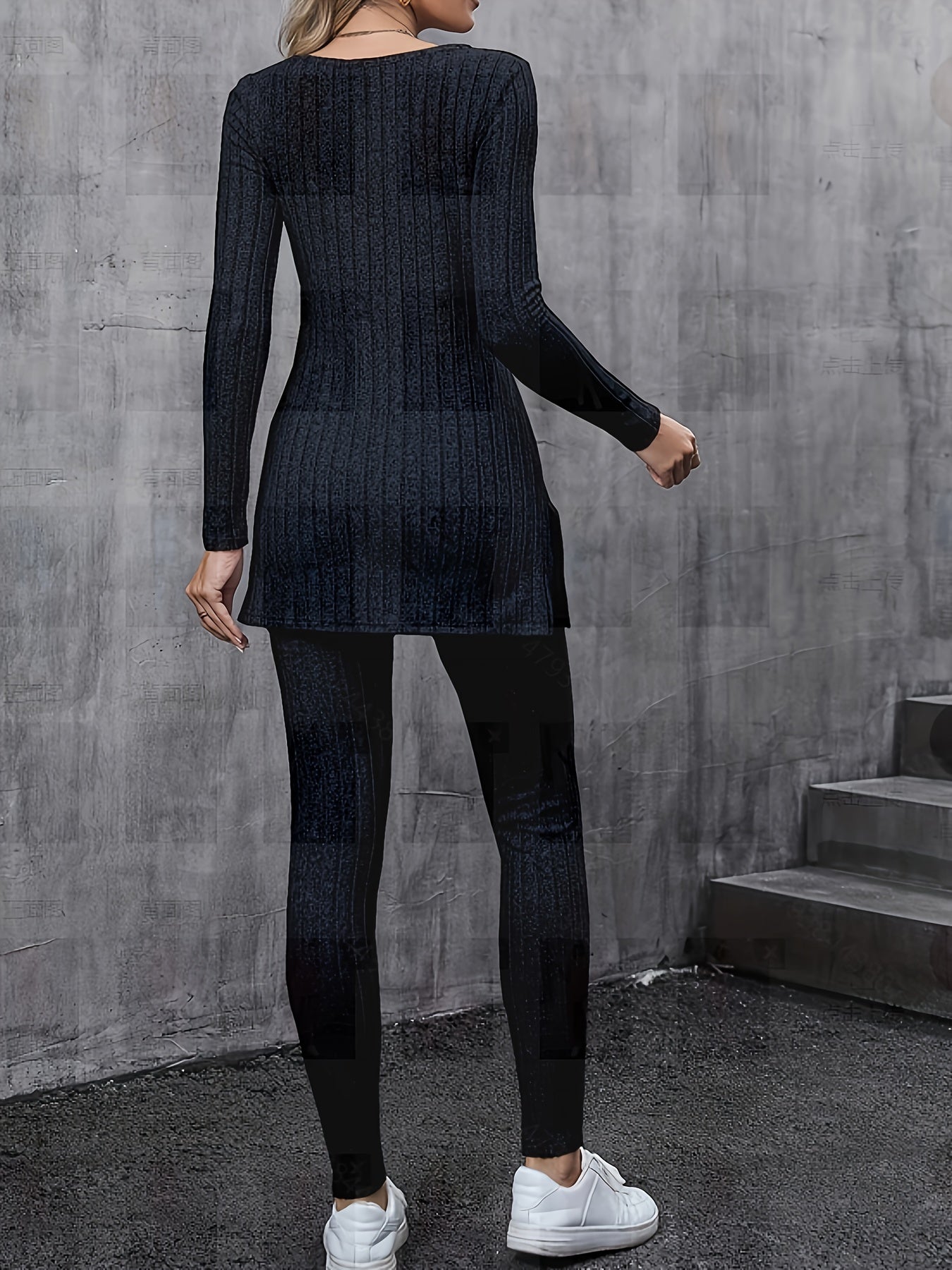 Ribbed Split Matching Two-piece Set, Casual Long Sleeve T-shirt & Pants Outfits, Women's Clothing