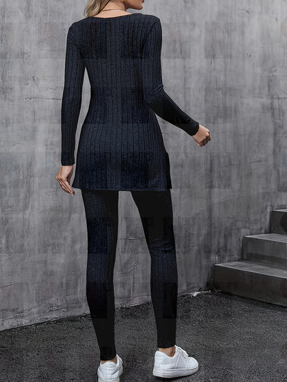 Ribbed Split Matching Two-piece Set, Casual Long Sleeve T-shirt & Pants Outfits, Women's Clothing