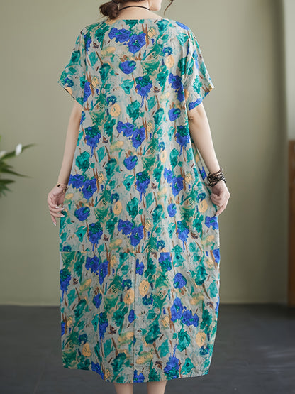 Allover Print With Pocket Loose Dress, Casual Short Sleeve Crew Neck Dress, Women's Clothing