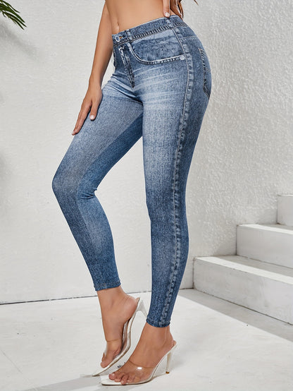 【imitation denim】New Women'S Fashion Casual Trendy Comfortable Breathable High-Waisted Stretchy Blue Faux Denim-Like Printed Leggings for Daily Commuting, Enhancing The Hips And Waist, Women'S Base Layer Pants, Fitted Leg
