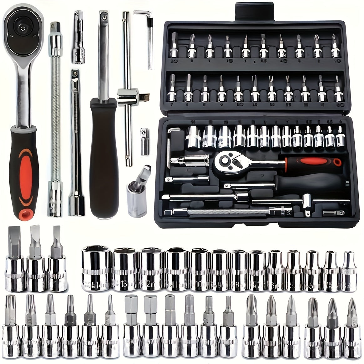 Kit de ferramentas para reparação de automóveis com 46 peças, conjunto de chaves de roquete de 1/4" com conjunto versátil de chaves de caixa e extensão, kit de ferramentas combinado para reparação de automóveis, motos e bicicletas.