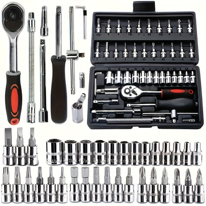 Kit de ferramentas para reparação de automóveis com 46 peças, conjunto de chaves de roquete de 1/4" com conjunto versátil de chaves de caixa e extensão, kit de ferramentas combinado para reparação de automóveis, motos e bicicletas.