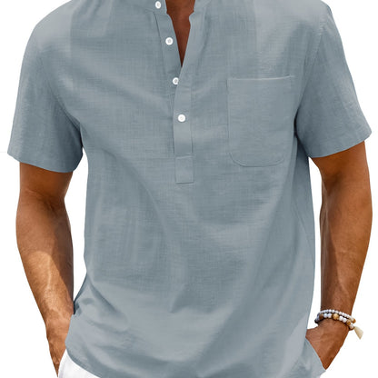 Camisa de homem, gola padre, manga curta, estilo Henley, ideal para o verão, uso casual, negócios e ocasiões formais.
