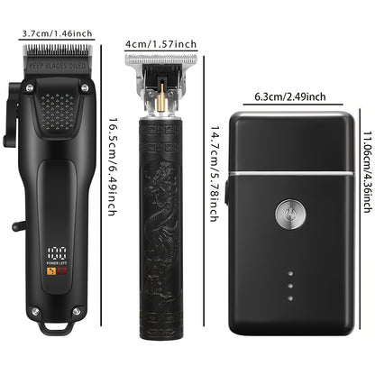 Kit de cuidados profissionais para cabelo e barba para homem com 3 peças - Máquina de cortar cabelo sem fios com visor LED, conjunto de aparador de precisão, recarregável via USB, para uso doméstico, presente perfeito para as festas de fim de ano.