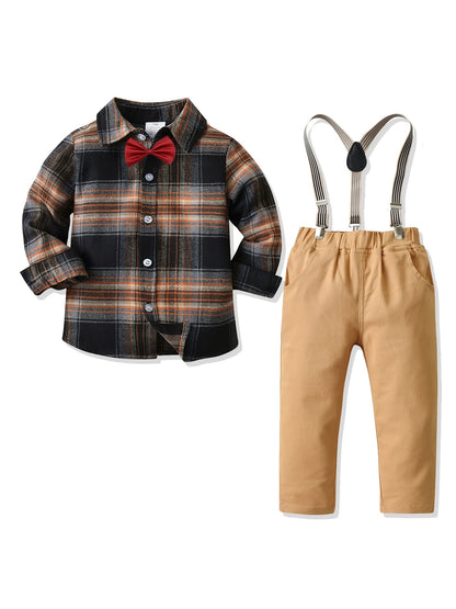 Baby Boy's Gentleman Outfit Long Sleeve Button Bowtie Plaid Shirt & Suspender Pants Set For Daily & Outdoor Wear