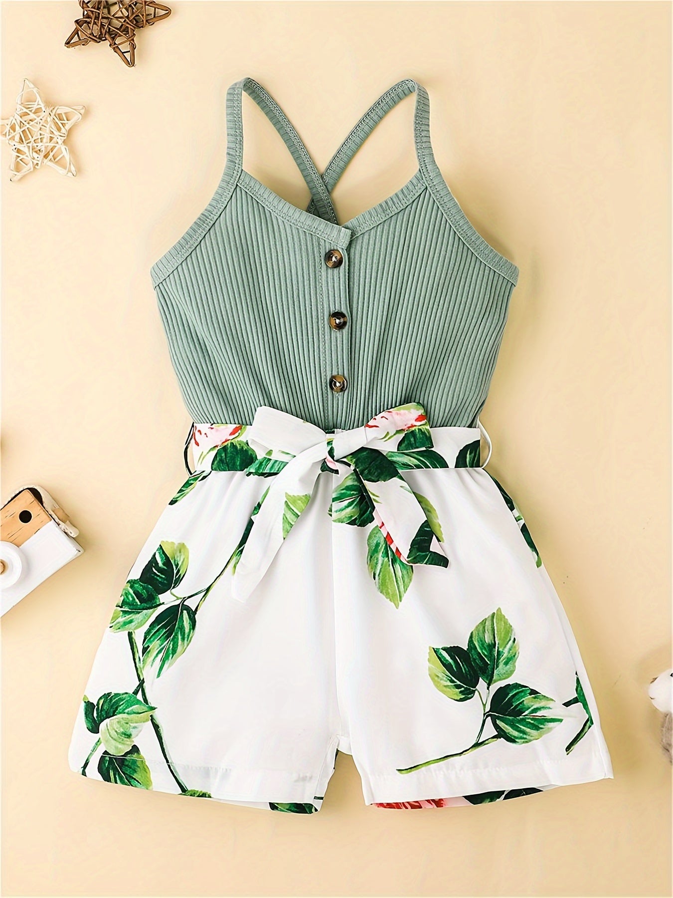 Girls' Summer Casual Floral Print Off-Shoulder Jumpsuit with Adjustable Waist Belt - Lightweight Breathable Shorts for Outdoor Play & Daily Wear, Blue & White Flower Design, Perfect for Weekend Outings, Cute Outfits for Girls