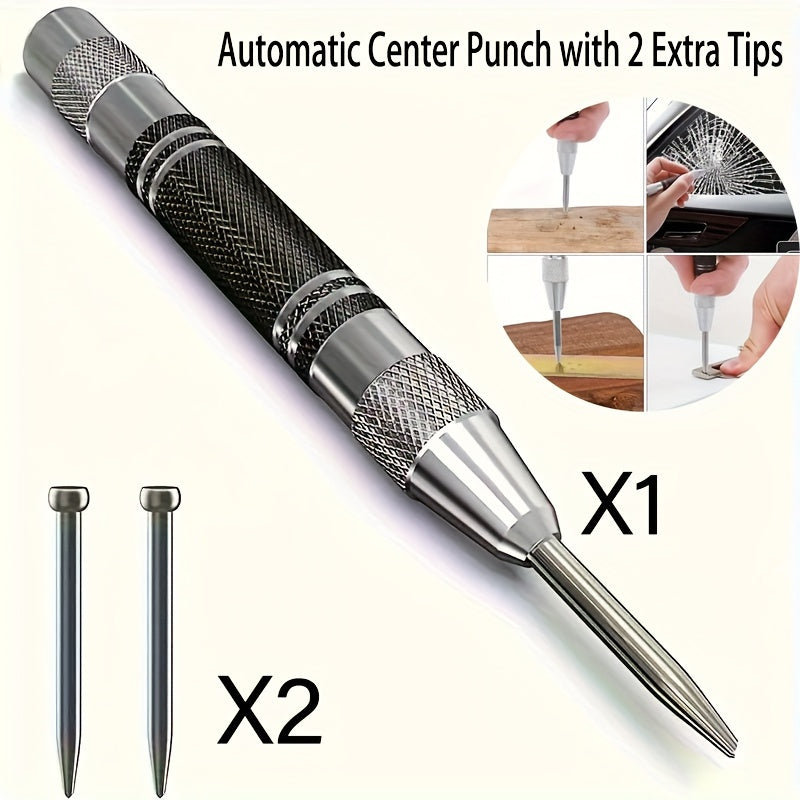 KeraForm Automatic Center Punch with 2 Extra Tips - 5-Inch Heavy Duty Steel Spring Loaded Punching Tool, Adjustable Tension, Rust Resistant, Polished Finish, Round Head for Metal, Wood, Glass - Iron Material