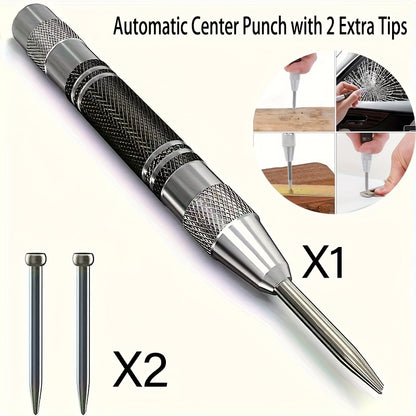 KeraForm Automatic Center Punch with 2 Extra Tips - 5-Inch Heavy Duty Steel Spring Loaded Punching Tool, Adjustable Tension, Rust Resistant, Polished Finish, Round Head for Metal, Wood, Glass - Iron Material