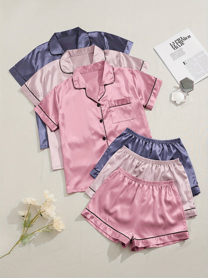 3 Sets Satin Pajama Set, Short Sleeve Lapel Top &amp; Elastic Waistband Shorts, Women's Sleepwear &amp; Loungewear