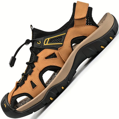 Men's Casual Fisherman Sandals - Adjustable Hook & Loop Closure, Breathable Synthetic Upper, Non-Slip Rubber Sole, Black/Brown/Grey Striped Design for Hiking, Beach & Casual Attire