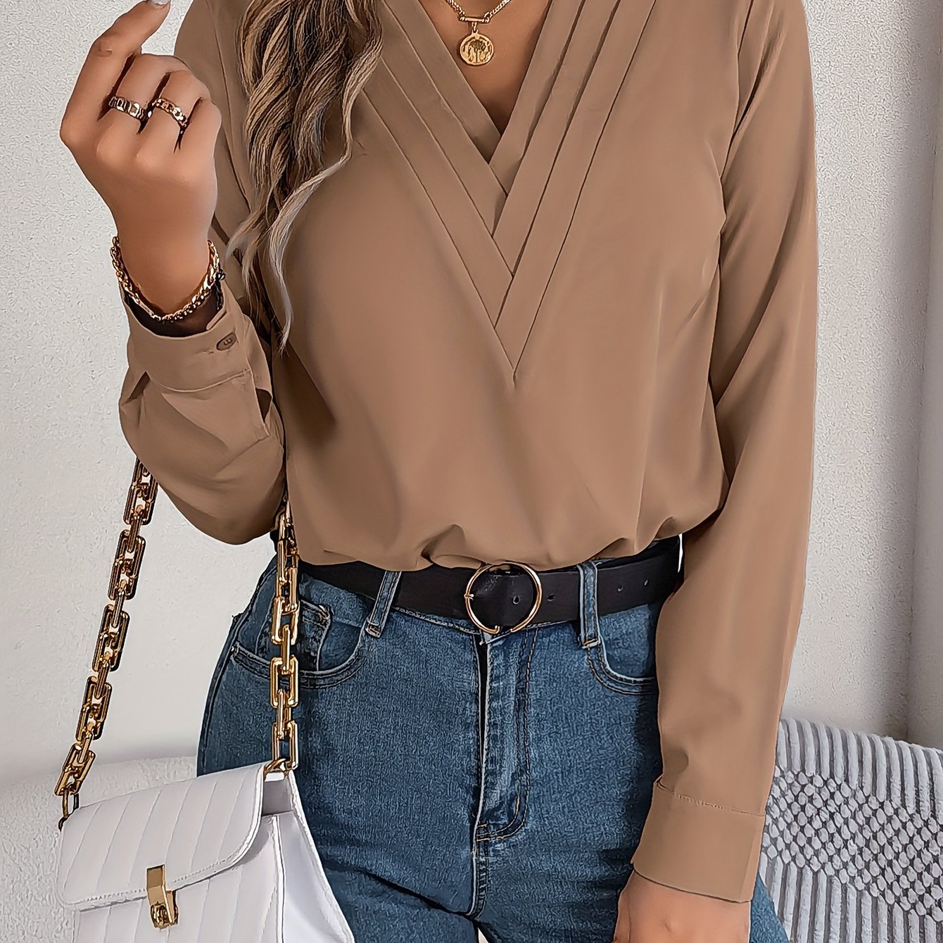 Women'S Elegant V-Neck Long Sleeve Shirt, Solid Color Polyester Blouse with Triple V-Cut, 95% Polyester 5% Elastane, Woven Fabric, 120g/m², for Spring/Summer/Fall - Adult