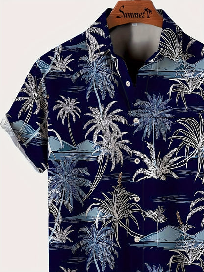 Men's Hawaiian Coconut Tree Print Button-Up Shirt - Tropical Vacation Style Short Sleeve Summer Shirt with Navy Blue & White Palm Design, Machine Washable Regular Fit for Beach Outings & Casual Wear, Hawaiian Shirt, Nontransp