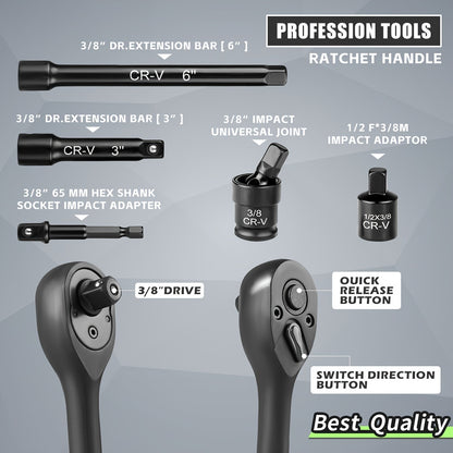 3/8" Drive Impact Socket Set, 6-Point 50pcs Standard Metric (8-22mm) &amp; SAE (5/16-3/4-Inch) CR-V Steel Sockets with Adapters and Tape Handle, Nice Gifts