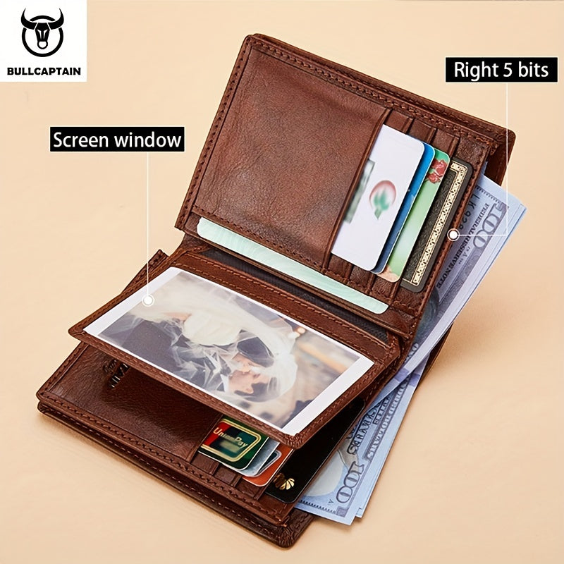 BULLCAPTAIN Men'S Genuine Leather Wallet, Handmade Full-Grain Cowhide, Large Capacity Multi-Card Holder, Driving License Slot, Sleek Black Embossed Logo, Business Style, Polyester Lined, Non-Braided, Secure Travel Wallet | St