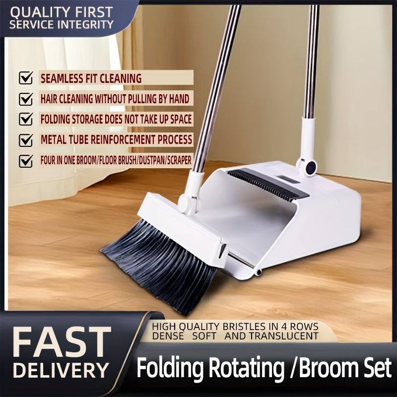 4-in-1 Foldable Broom and Dustpan Set - Durable Plastic, Easy Storage Design for Home Cleaning - Ideal for Kitchen, Bathroom, Bedroom Floors - Includes Water Squeegee, No Broom Required, Broo