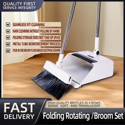 4-in-1 Foldable Broom and Dustpan Set - Durable Plastic, Easy Storage Design for Home Cleaning - Ideal for Kitchen, Bathroom, Bedroom Floors - Includes Water Squeegee, No Broom Required, Broo