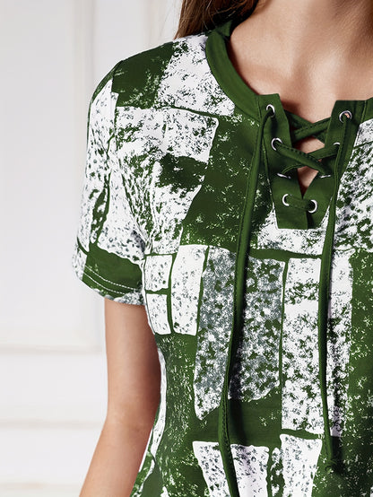 Graphic Print Lace Up V Neck T-shirt, Summer Casual Short Sleeve Top, Women's Clothing