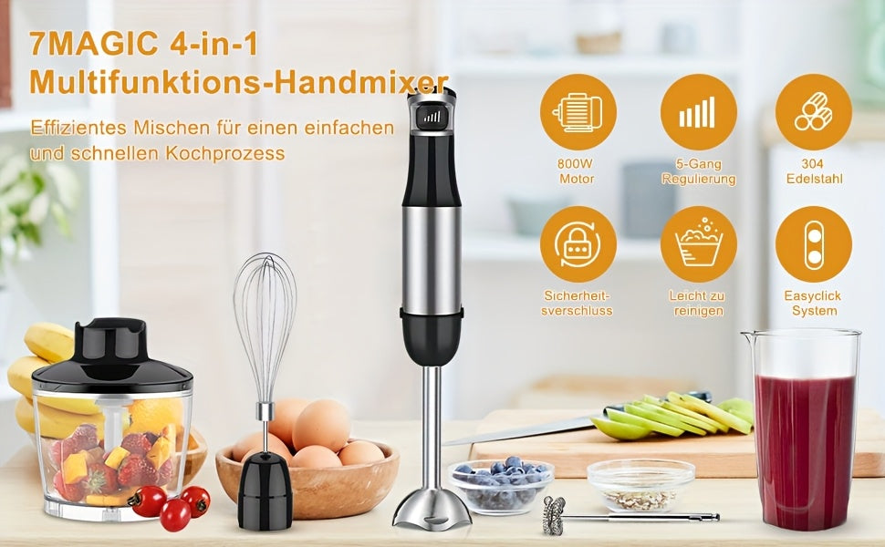 6in 1 Handheld Immersion Blender - Stainless Steel Stick Blender with 5 Speed, Chopper, Whisk And Milk Frother for Meat, Mashed Potatoes And Baby Food