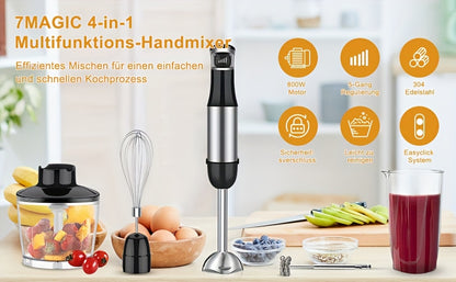 6in 1 Handheld Immersion Blender - Stainless Steel Stick Blender with 5 Speed, Chopper, Whisk And Milk Frother for Meat, Mashed Potatoes And Baby Food