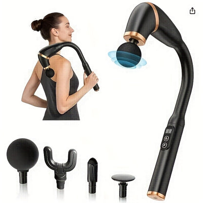 Long-Handle Deep Tissue Massage Gun, Portable Back Massager with Ergonomic Handle for Neck, Shoulder, And Back - Low Noise And Vibration, Multiple Massage Modes, Portable Design, Interchangeable Heads - Suitable for Home, Off