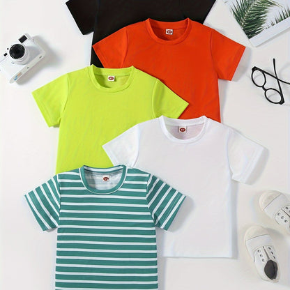 5pcs Solid Color & Striped Round Neck T-shirt Tees Tops Casual Soft Comfortable, Boys And Girls Summer Clothes