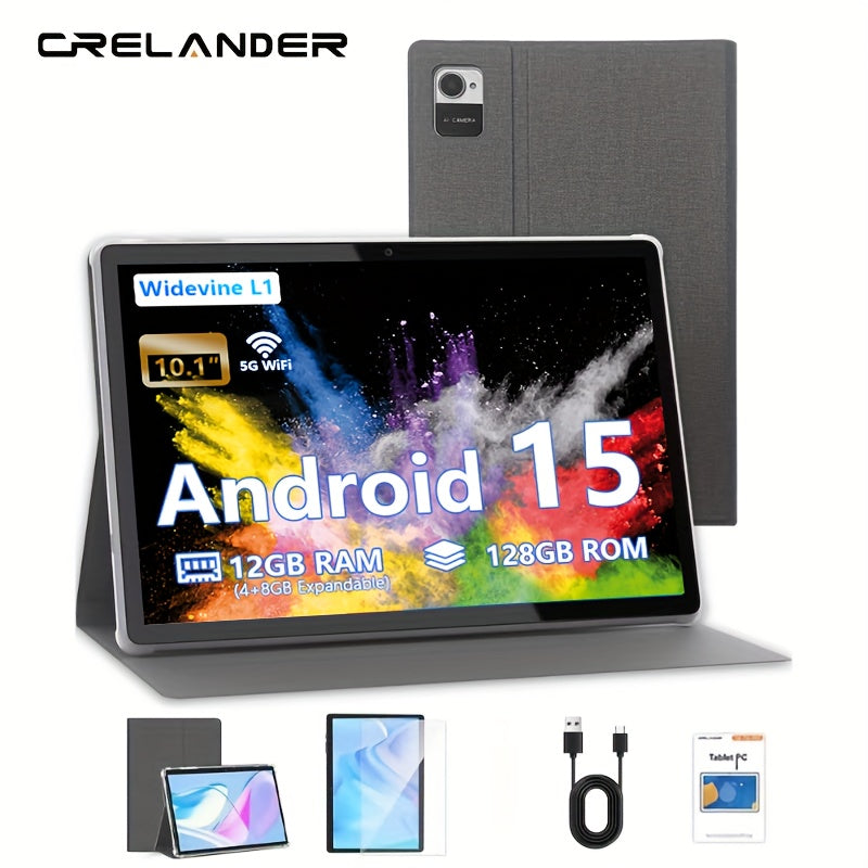 CRELANDER W30 2 in 1 Tablet PC Android 15 Tablet, RAM 12GB (4+8GB Expand)+128Gb ROM, with Case, (Keyboard, Mouse, Pen) Can Optional, 2.4G/5G Wifi, GMS, GPS, Google, Pad, Tablet PC, Tablet, Pad