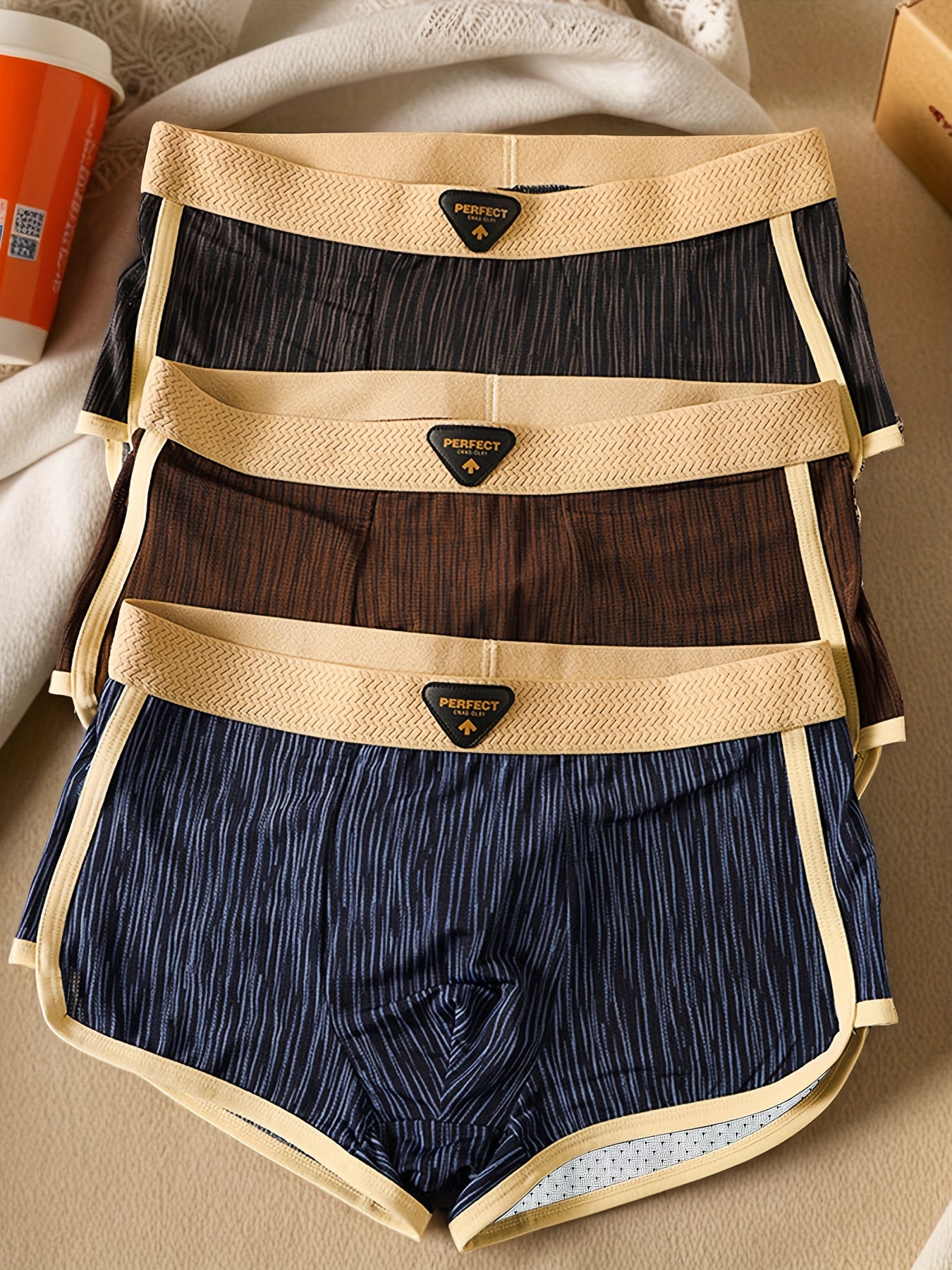 3pcs Men'S Boxer Briefs - Breathable, Comfortable, Stretchy Ribbed Striped Underwear in, Green, and, Perfect for Casual Attire or Sports, Comfortable Underwear | Ribbed Texture | Medium Elasticity