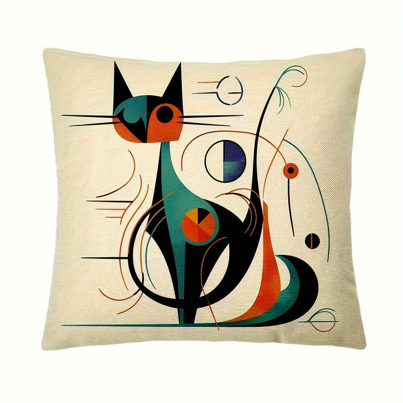 4-Pack Woven Linen Throw Pillow Covers, Abstract Kandinsky Cat Design, Industrial Style Zippered Cushion Cases for Sofa, Bedroom, Car, Office Decor - Machine Washable