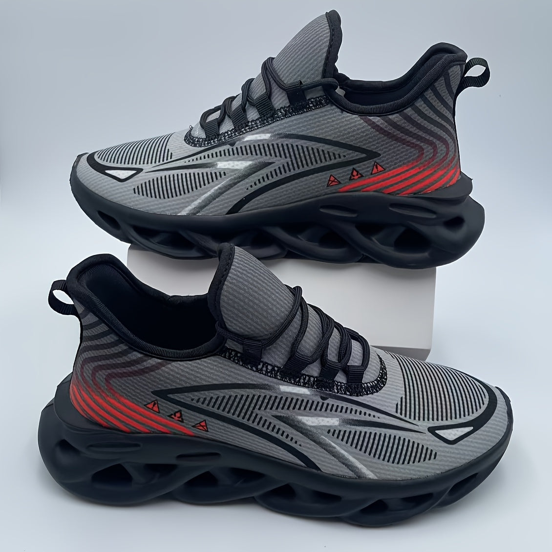 Sapatilhas de corrida para homem em malha respirável - Leve, com absorção de impacto, sola MD durável, sapatilhas desportivas de cano baixo para desportos ao ar livre, caminhadas e uso casual, design preto e cinzento, fecho com atacadores.