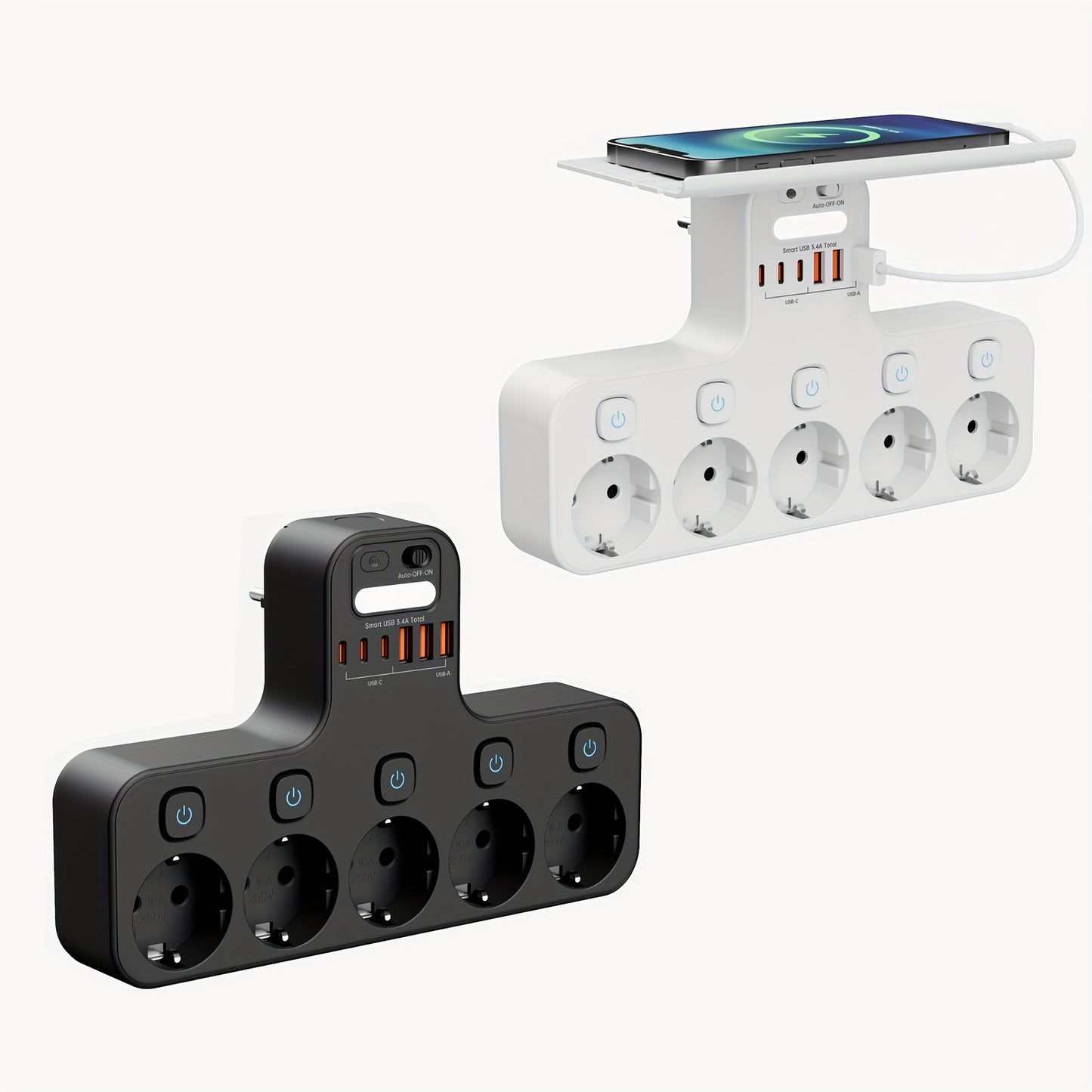 European 5-Pin Socket Extension with 3 USB-A and 3 USB-C Ports, Overload Protection, Smart Light Sensor, 4000W, 16A, Ideal for Home, Outdoor, and Office Use, Outdoor Power Supply, Modern Power Outlet, Durable Power Outlet