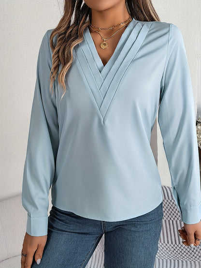 Women'S Elegant V-Neck Long Sleeve Shirt, Solid Color Polyester Blouse with Triple V-Cut, 95% Polyester 5% Elastane, Woven Fabric, 120g/m², for Spring/Summer/Fall - Adult